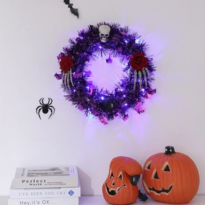Halloween Wreath Purple LED Lights Plastic Tinsel Skull Black Rose Skeleton Hand Door Decor Gothic Party