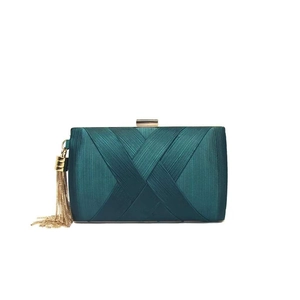 Elegant emerald green satin clutch with pleated design and gold chain tassels