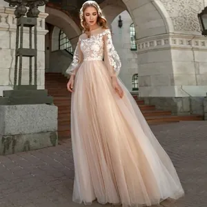 Elegant Champagne Wedding Dress Long Lantern Sleeves Lace Embroidery Tulle Bridal Gown For Formal Party