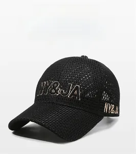 Close-up of black mesh baseball cap showing breathable texture and NY&JA embroidery