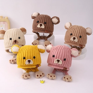 Kinder Strickmütze Mit Ohrenklappen Winter Warm Verdicktes Acrylgarn Cartoon Bärenohren Pfotenbommel Outdoor Für Kinder
