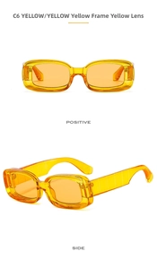 Detail view of retro yellow square sunglasses showing front and 45-degree angle
