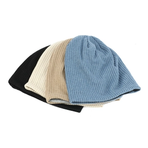 Classic ribbed knit beanies in black, cream, khaki, and light blue on white background