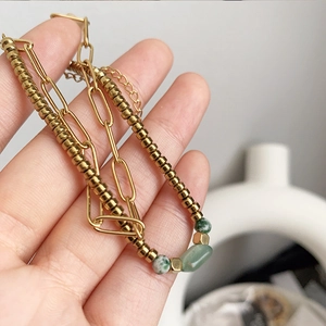 Double-layer gold titanium steel bracelet with green natural stone and paperclip chain