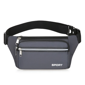 Gray waterproof nylon waist bag with three zippered pockets and adjustable buckle strap