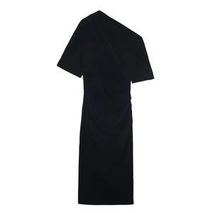 One Shoulder Samtkleid Asymmetrisch Ärmellos Bodycon Midi Für Damen Party Elegant Einfarbig Schwarz