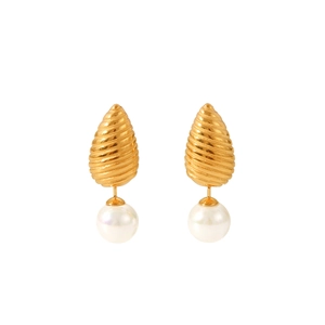 18k gold plated stainless steel droplet earrings with textured cone and round pearl drop