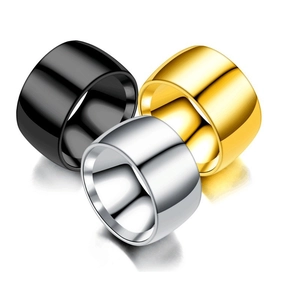 Wide polished titanium steel rings in black, gold, and silver finishes for men