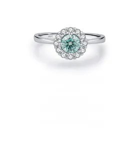 Detail of S925 sterling silver ring showing the inner S925 hallmark and blue-green moissanite
