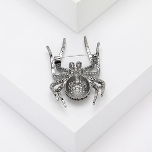 Macro shot of the metallic back and pin clasp of a vintage rhinestone spider brooch