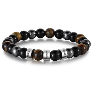 Custom men's bead bracelet with obsidian tiger eye stones and engraved name beads