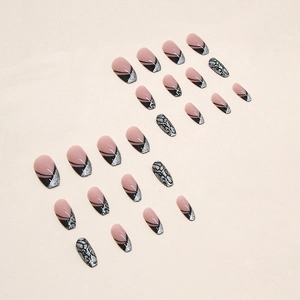 French tip leopard press-on nails in pink and black glitter long almond design