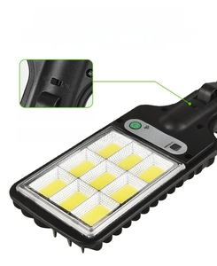 Detail of outdoor solar street light showing 9-grid LED beads and sensor power switch