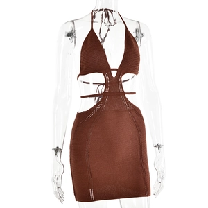 Detailed view of brown hollow knit halter dress with intricate crochet texture and cut-outs
