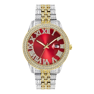Macro view of iced-out luxury watch with red dial, Roman numerals and calendar window