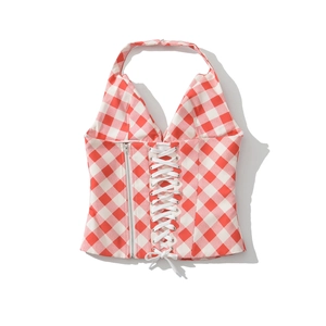 Red and white plaid halter top with front lace-up detail and side zipper closure