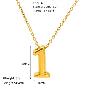 Collier rétro en acier inoxydable plaqué or 18 carats avec pendentif chiffre 1