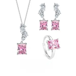 Detailed view of S925 silver jewelry set featuring pink rectangular gemstones and diamonds