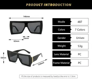 Detailed size chart of oversized butterfly sunglasses with 146mm width and PC frame specs