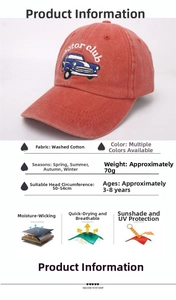 Detail of red cotton kids cap with vintage car embroidery and size specs for 3-8 years