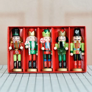 Set of 5 colorful 13cm wooden nutcracker soldiers Christmas tree ornaments in a red gift box