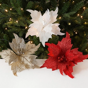 Christmas Glitter Cloth Artificial Poinsettia Flowers Sparkly Tree Decorations Holiday Party DIY Floral Ornaments