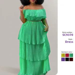 Off Shoulder Plissiertes Etagen Maxikleid Chiffon Gestuftes Tortenrock Strandurlaub Party Elegant
