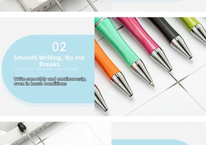 Detail of colorful DIY plastic beaded pens showing fluent writing tip and assorted pen colors