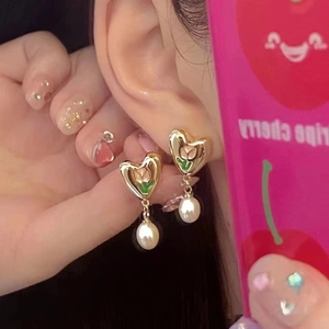 Elegant gold heart tulip earrings with pink enamel and hanging pearl drop charm