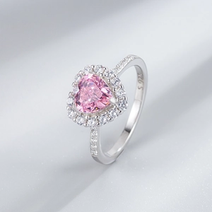 S925 sterling silver ring with pink heart shaped gemstone and pavé diamonds