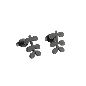 Minimalist black matte leaf stud earrings with six-lobed plant design and butterfly backs
