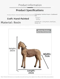 Detailed view of horse figurine with resin rattan texture, measuring 26x23x7cm height