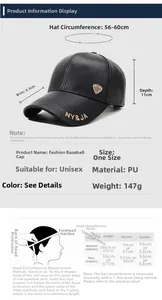 Size guide for PU leather winter baseball cap showing brim length and head circumference