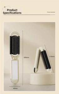 Detailed dimensions of the cream foldable hairbrush with integrated mirror and measurements