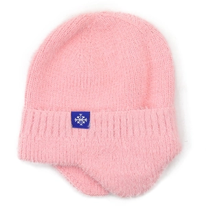 Detailed view of pink knitted ear-protection hat featuring soft fluffy texture and snowflake tag