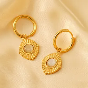 Boucles D'oreilles Créoles Soleil Vintage Pour Femmes Acier Inoxydable Plaquées Or 18K Pendentifs Pierre Oeil De Chat Opale