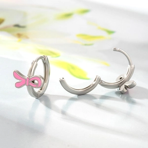 Sweet pink enamel ribbon bow hoop earrings in polished silver finish for women