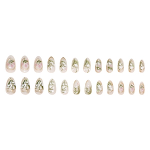 24pcs almond shaped press-on nails with lily of the valley and gold floral details