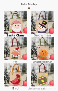 Detail display of six assorted Christmas burlap gift bags with festive applique embroidery
