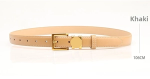Detail of khaki leather belt 106cm with golden square buckle and white stitching