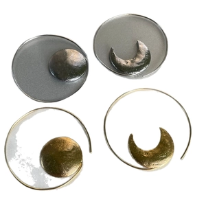 Minimalist sun and moon asymmetric dangle earrings with hammered metal texture