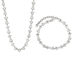 Polished silver metal X-link jewelry set with necklace and bracelet in minimalist style