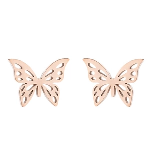 Close-up of rose gold butterfly earrings featuring a delicate hollow wing design