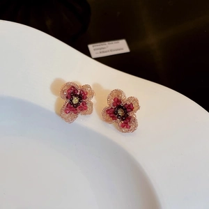 Elegant 925 silver needle rose gold crystal flower stud earrings on white ceramic