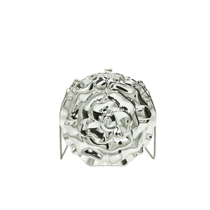 Silver 3D rose flower evening clutch bag with metal chain strap and mirror finish