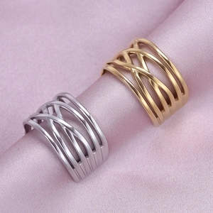 Adjustable 304 stainless steel braided wide rings in gold and silver on pink silk