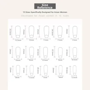 Size chart showing 15 different dimensions for cat eye press-on nails for women