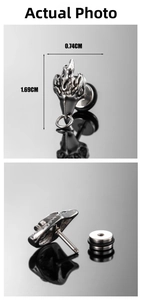 Macro view of punk cat ear earring with flame skull design and detailed dimensions