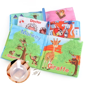 Educational baby cloth books with colorful animal patterns and built-in squeaker sound