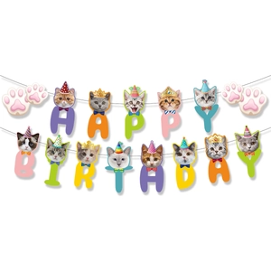 Cat themed Happy Birthday banner with 13 cardstock letters for pet party decorations